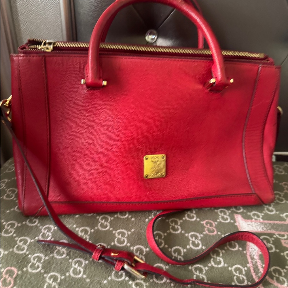 MCM Red Leather Double-Handle Satchel with Gold Plaque